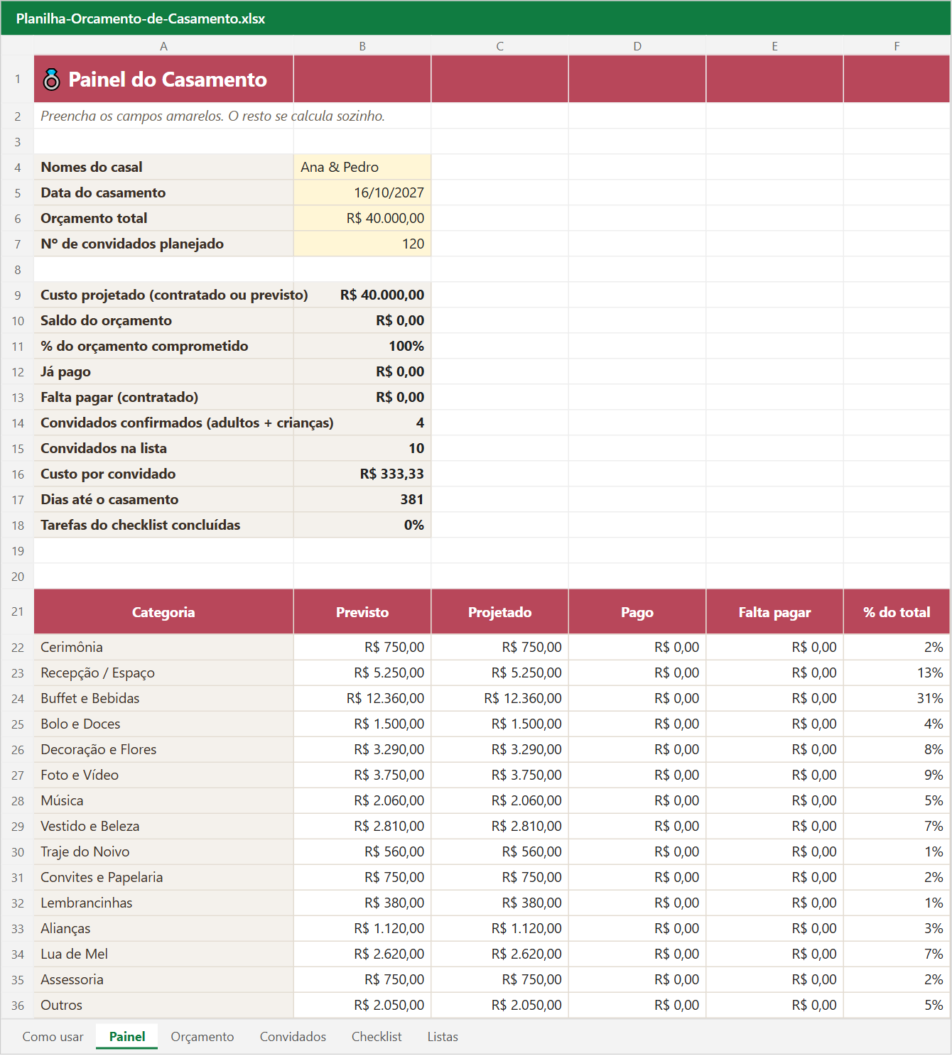 Prévia: planilha Orçamento de Casamento
