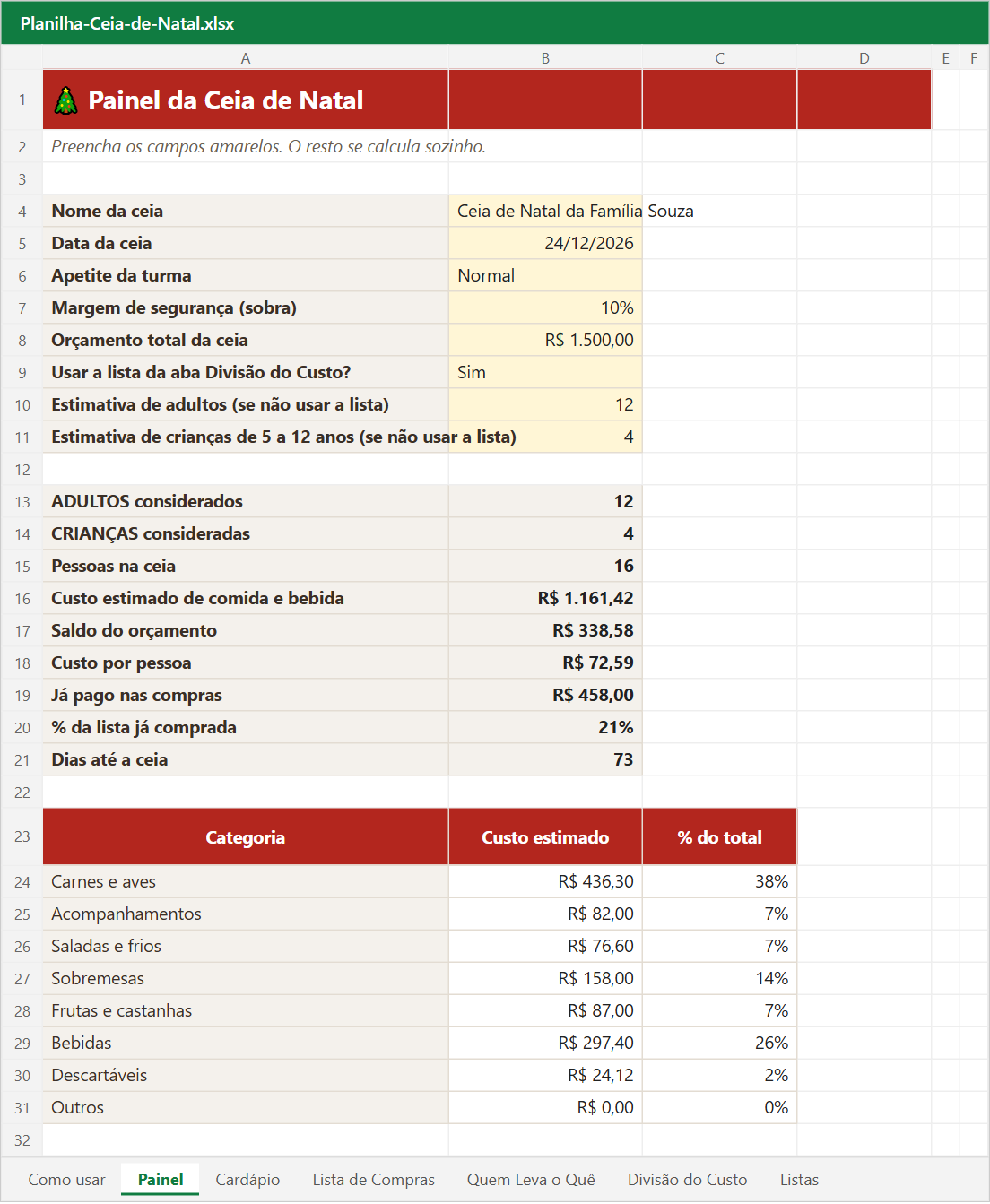 Print real da planilha da ceia de natal: quanto comprar e quanto cada um paga